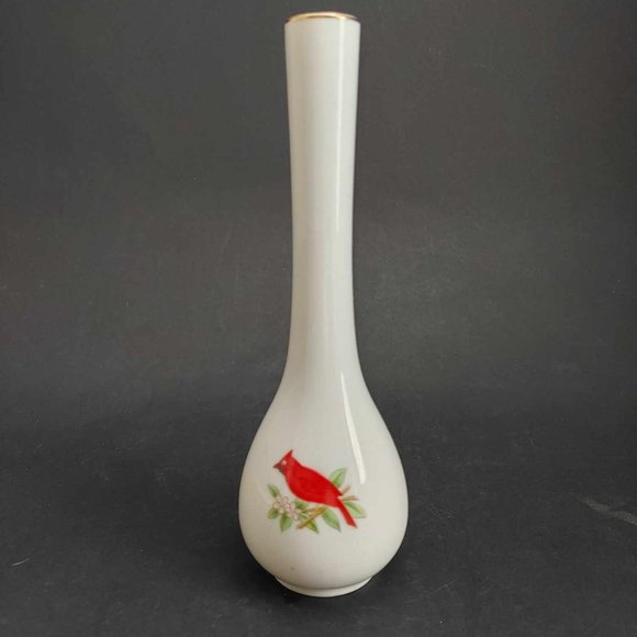 Vintage Lefton Cardinal Bud Vase Gold Trim Japan 2595 EUC 7" Bird Floral - Picture 6 of 9